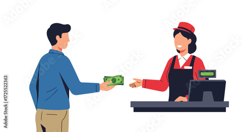 Illustration depicting a consumer paying with cash at a store, symbolizing retail transactions and economic exchange between people and businesses