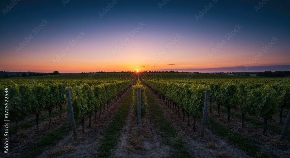 Fototapeta premium Sunrise over a vineyard. Rows of lush green grapevines stretch towards a vibrant sunrise