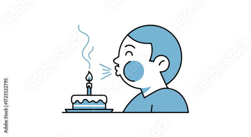 Minimalist illustration of a person blowing out a birthday candle with a celebratory cake, a simple line drawing concept of festivity and joy