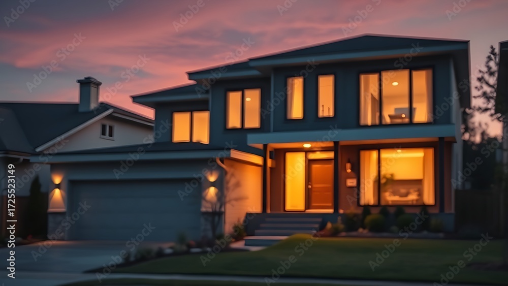 Obraz premium Contemporary house at dusk with warm interior lights, peaceful residential setting and soft focus.