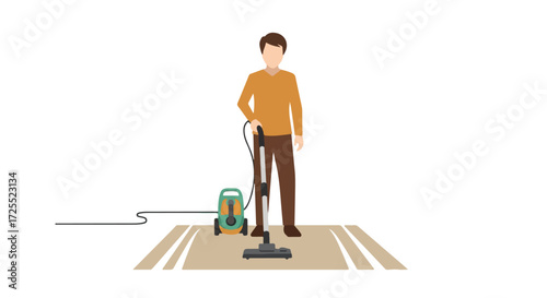 Illustration depicting a person vacuuming a rug with a canister vacuum cleaner in a minimalist flat design style