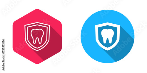 Filled and outline Dental protection icon isolated with long shadow background. Tooth on shield logo. Vector