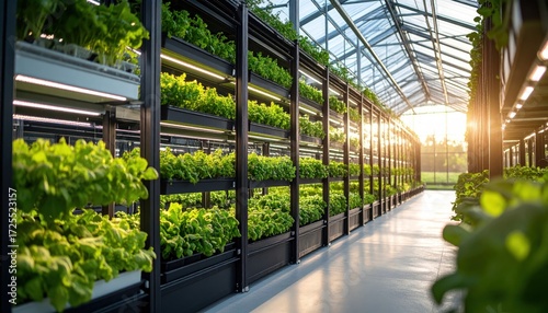 Vertical Farm Interior Lush Green Vegetables Growing in Greenhouse.