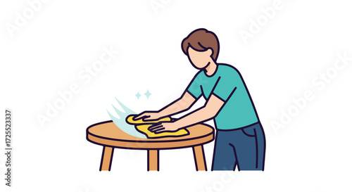 Illustrative depiction of a person meticulously cleaning a wooden table surface with a yellow cloth promoting cleanliness and hygiene practices