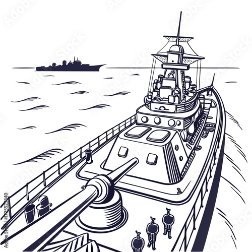 A detailed line art illustration of a powerful warship sailing on the ocean with another vessel in the distance