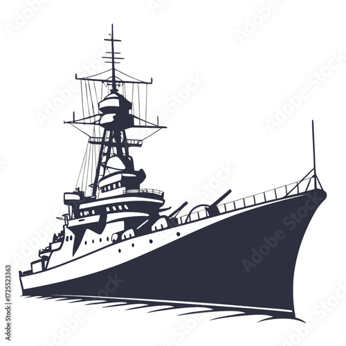 A detailed silhouette illustration of a powerful historical warship sailing on the ocean waves