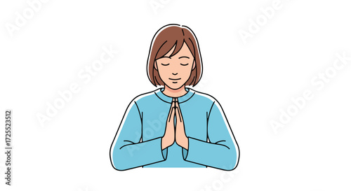Illustration of a woman in a prayerful pose conveying serenity and spiritual focus, emphasizing a sense of mindfulness and inner peace