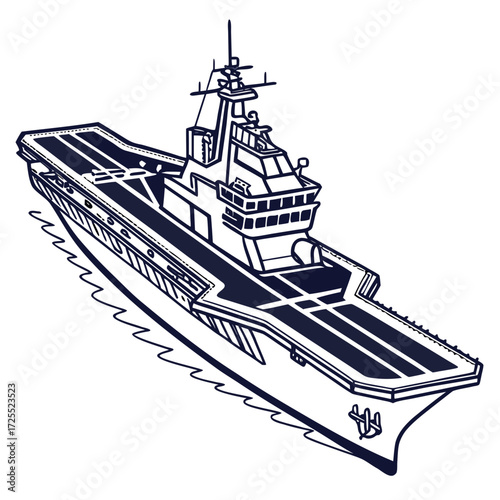 Modern aircraft carrier warship illustration with flight deck and island structure in a stylized line art design