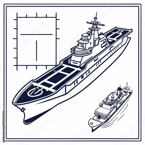 Modern naval ship illustration with helicopter deck and smaller vessel alongside detailed blueprint overlay