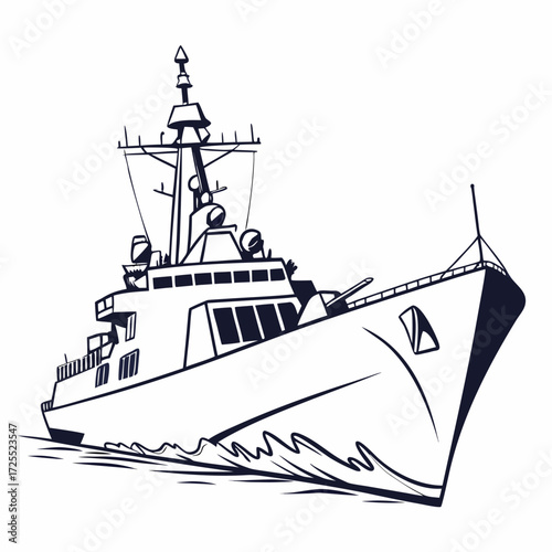 Modern warship illustration with a gun and radar sailing through choppy water on a white background