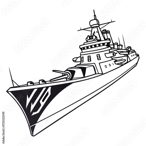 Modern warship outline illustration with a prominent bow and naval artillery in a clean graphic style