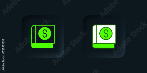 Green Financial book icon isolated on black background. Black square button. Vector
