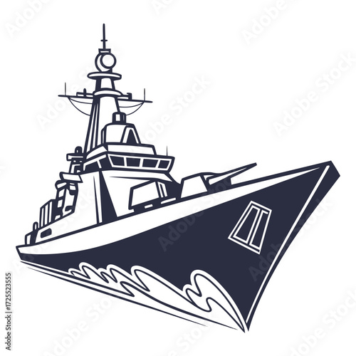 Modern warship sailing through choppy water with its powerful bow cutting through the waves