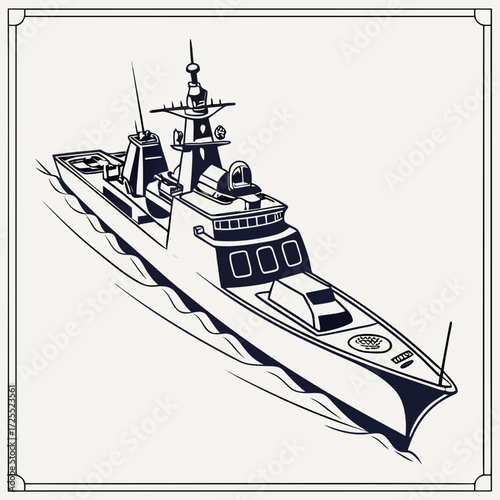 Modern warship silhouette sailing through water with stylized waves and minimalist design