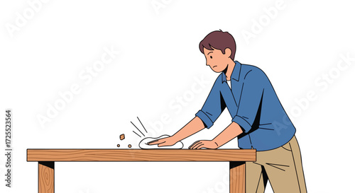 Illustration of a person cleaning a wooden table with a cloth, showcasing domestic chores and hygiene practices for a tidy environment