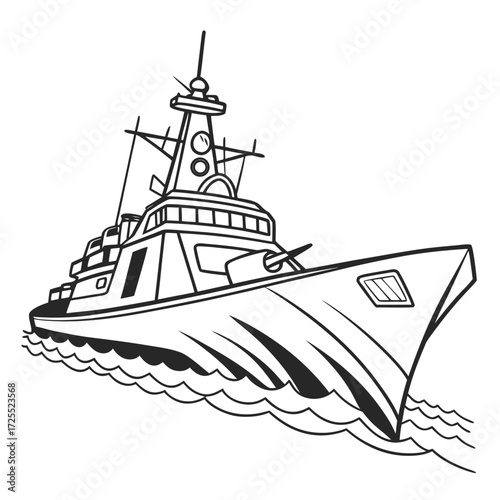 Modern warship sailing through choppy waters with a sleek design and prominent gun turret illustration