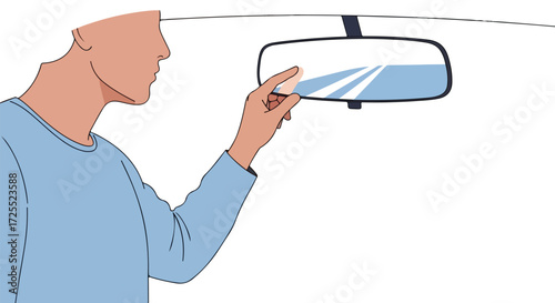Person adjusting rearview mirror inside vehicle for safe driving vision and enhanced road awareness