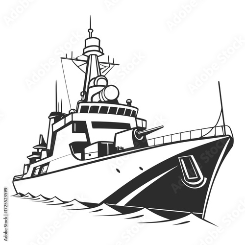 Modern warship sailing through choppy waters with a prominent gun turret and radar mast illustration