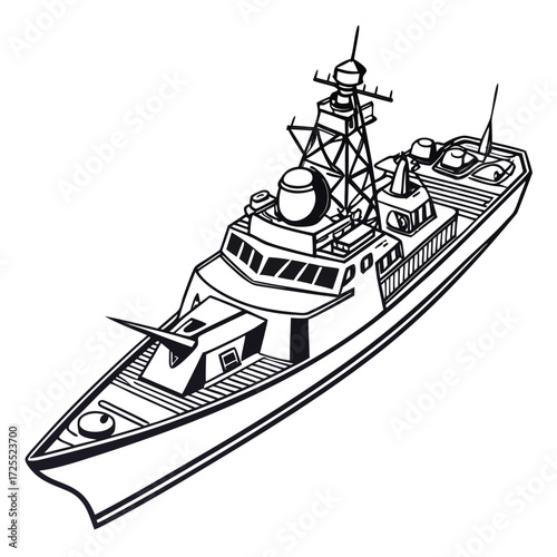 Stylized black and white illustration of a modern warship with radar and gun turret on a white background