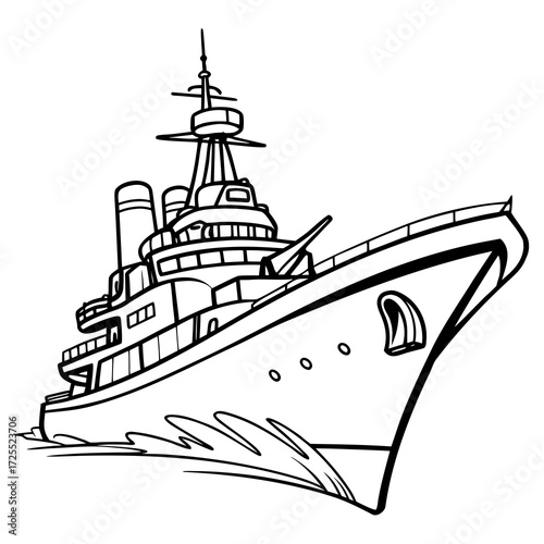 Stylized black and white line art illustration of a powerful warship sailing through choppy water