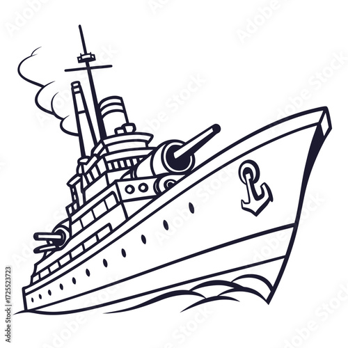 Stylized cartoon outline of a powerful warship with large cannons sailing through the waves emitting smoke