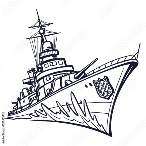 Stylized black and white line art illustration of a powerful warship sailing through choppy waters with its cannons ready