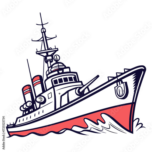 Stylized illustration of a classic warship with a red hull sailing through choppy blue water
