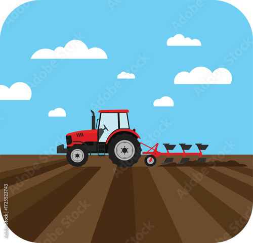 Red tractor cultivating field under blue sky with clouds agricultural scene isolated on transparent background