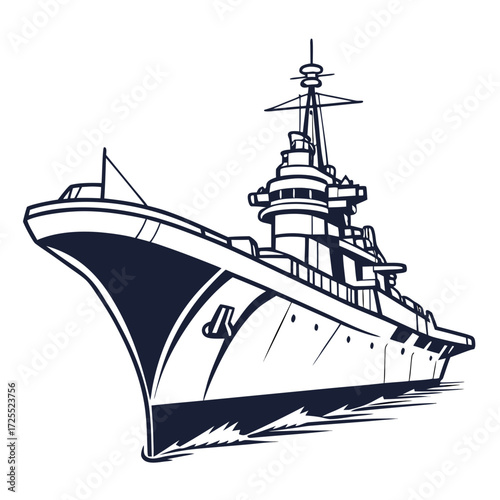 Stylized illustration of a large warship sailing through choppy waters with a white background