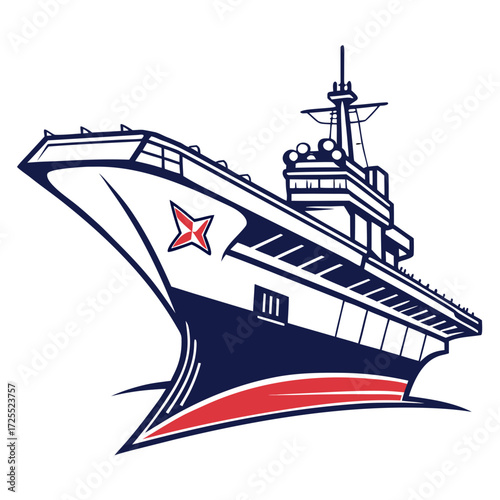 Stylized illustration of a modern aircraft carrier ship with a red star emblem on its hull sailing on water