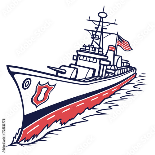 Stylized illustration of a modern navy warship with an american flag and a shield emblem sailing through choppy water