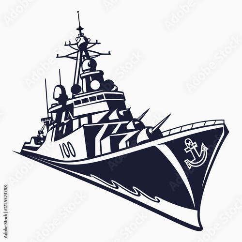 Stylized illustration of a powerful modern warship with anchor emblem and number 100 on hull sailing through waves