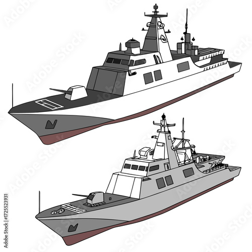 Two modern warships with sleek designs and advanced weaponry depicted in a clean illustrative style against a white background