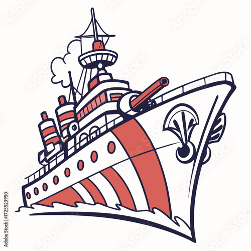 A stylized illustration of a vintage warship with red and white stripes sailing through blue ocean waves