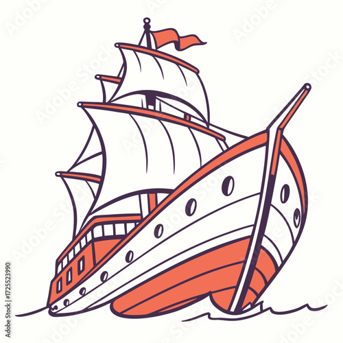 A vintage style illustration of a grand sailing ship with billowing white sails and an orange hull cutting through the sea