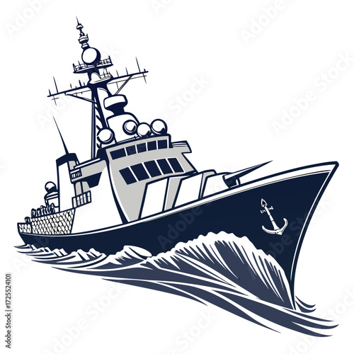 Modern navy warship sailing through stylized ocean waves with an anchor emblem on its bow