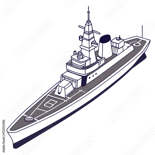 Modern warship illustration with a sleek design and prominent gun turret isolated on a white background