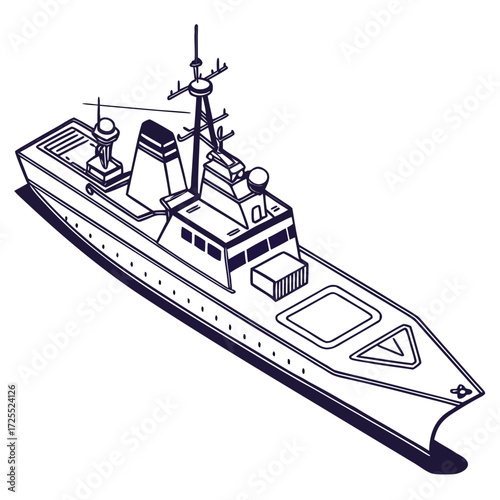 Modern navy warship vessel with radar and antenna in a clean isometric line art illustration