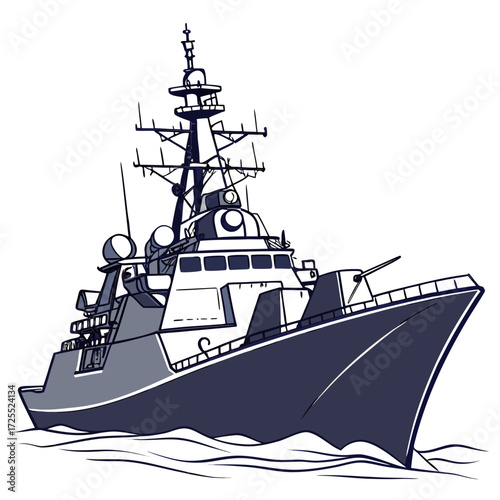Modern warship with advanced radar and weaponry sailing through the ocean waves in a stylized illustration