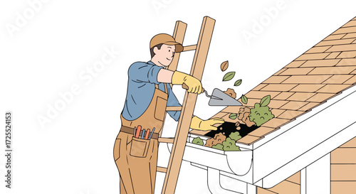Illustration showcasing a person cleaning leaves and debris from a house gutter while positioned on a ladder carefully working at height