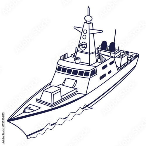 Modern warship with sleek design sailing on the ocean waves in a simple line drawing style