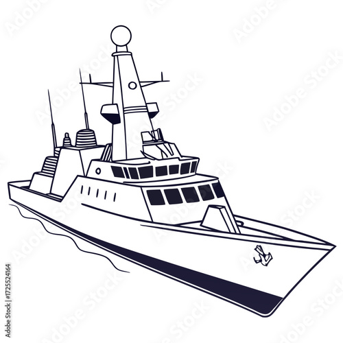 Modern warship silhouette illustration sailing on water with radar mast and anchor detail