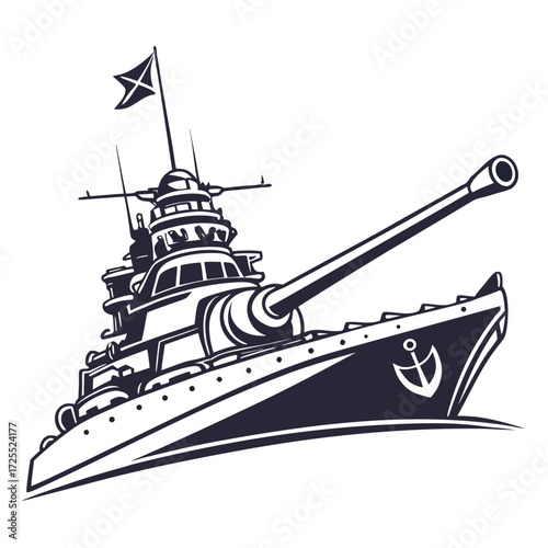 Powerful warship with a large cannon and anchor emblem sailing on the ocean waves in a bold graphic style
