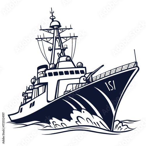 Modern warship with gun and radar sailing through choppy blue ocean waves in a stylized illustration