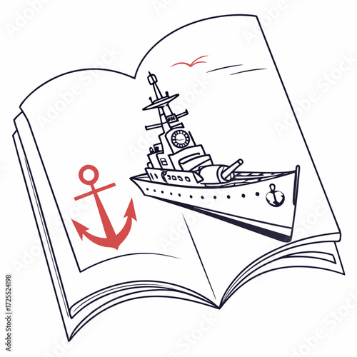 Open book illustration featuring a detailed drawing of a warship and a red anchor on a white background with a bird in the sky
