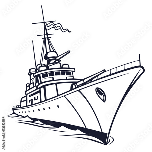 Stylized black and white illustration of a powerful warship sailing through the ocean waves