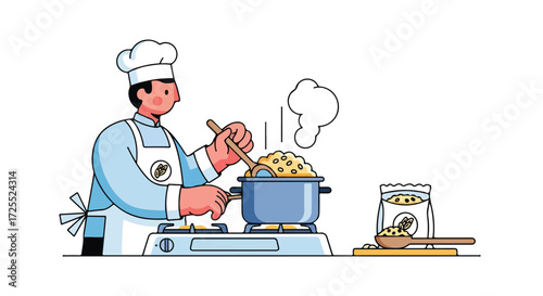 Chef prepares a delightful meal, stirring ingredients in a steaming pot, showcasing culinary expertise and wholesome cooking illustration