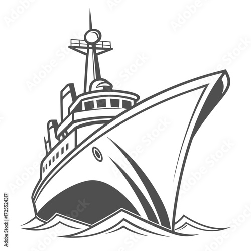 Stylized illustration of a modern ship sailing through choppy water in a dynamic perspective