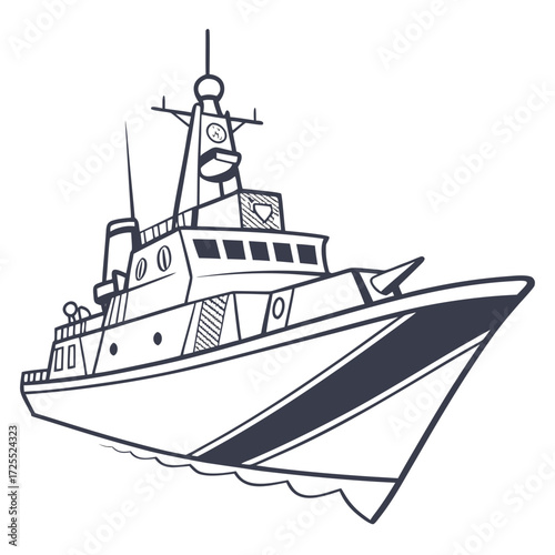 Stylized illustration of a modern warship or patrol boat sailing on the water in a simple line art style