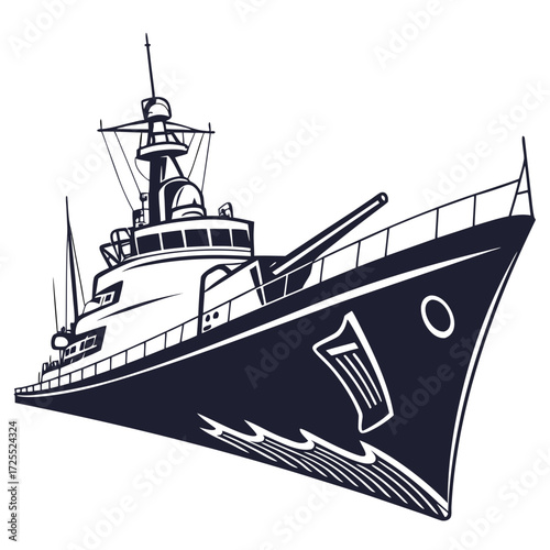 Stylized illustration of a modern warship with a large gun and radar mast sailing through waves